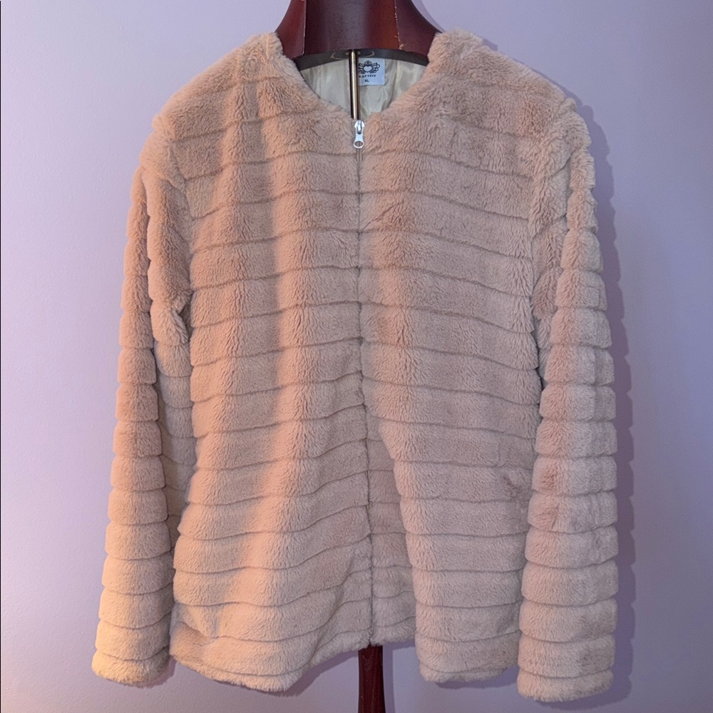 Katydid Beige Stone Faux Fur Bomber Jacket - Picture 9 of 9